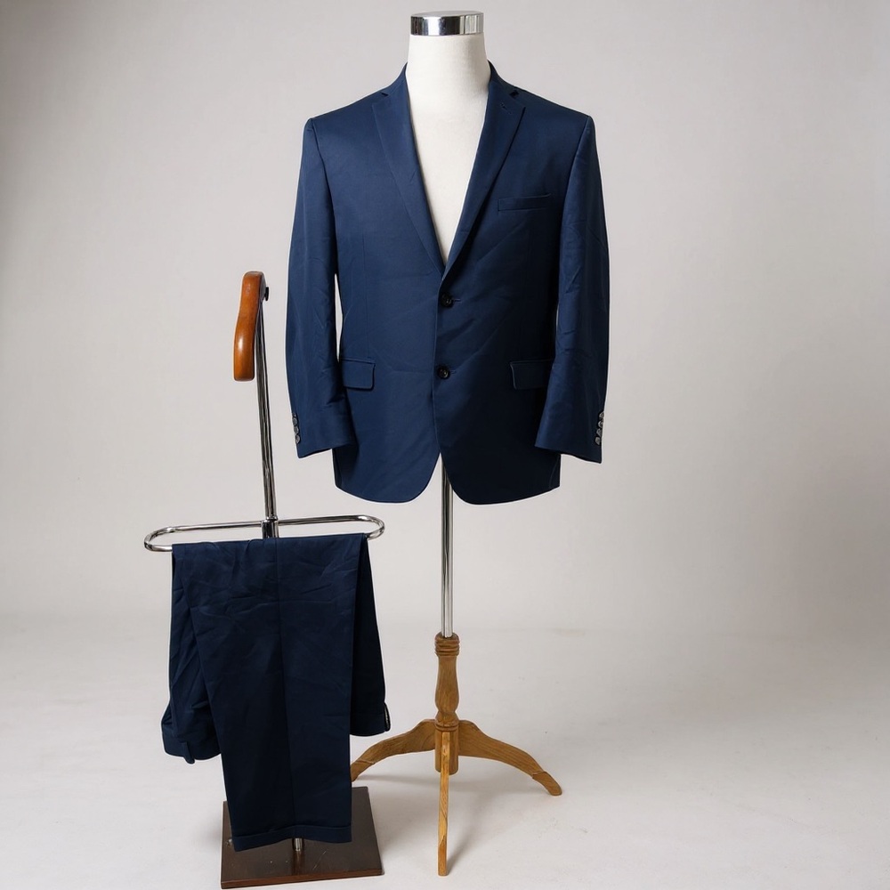 Andrew Marc Men's 44S Navy Blue 2-Button Blazer Flat Front Pants Dual Vent Suit